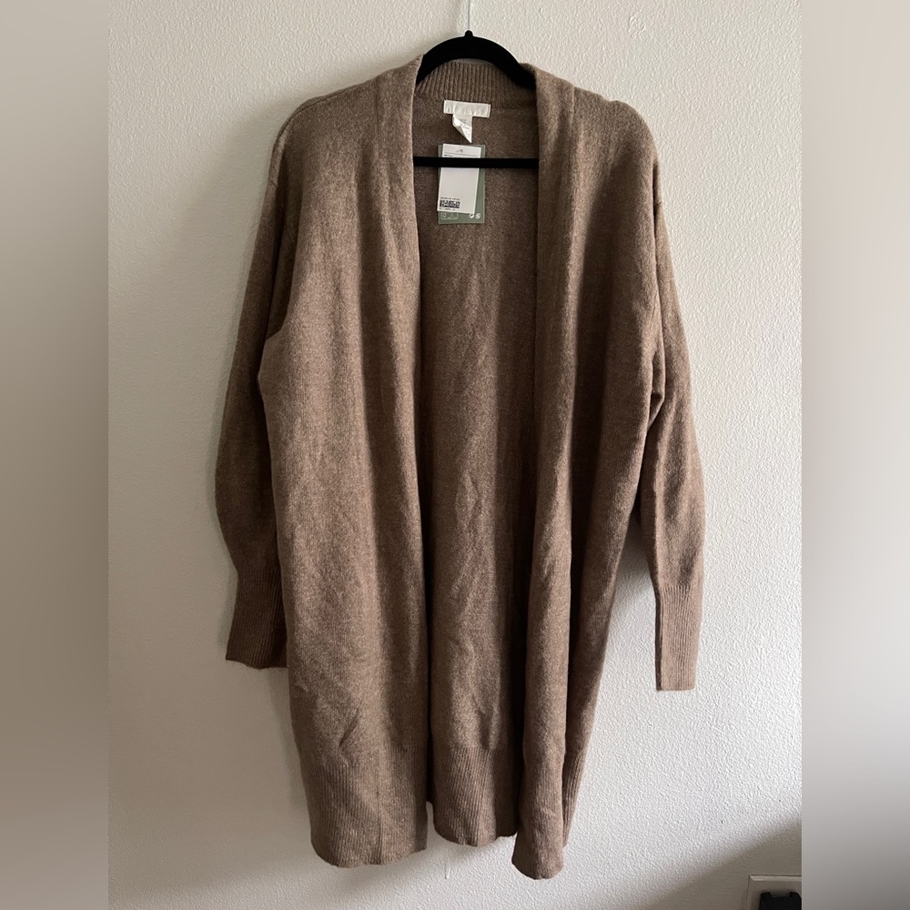 H&M long open duster sweater in medium brown NWT